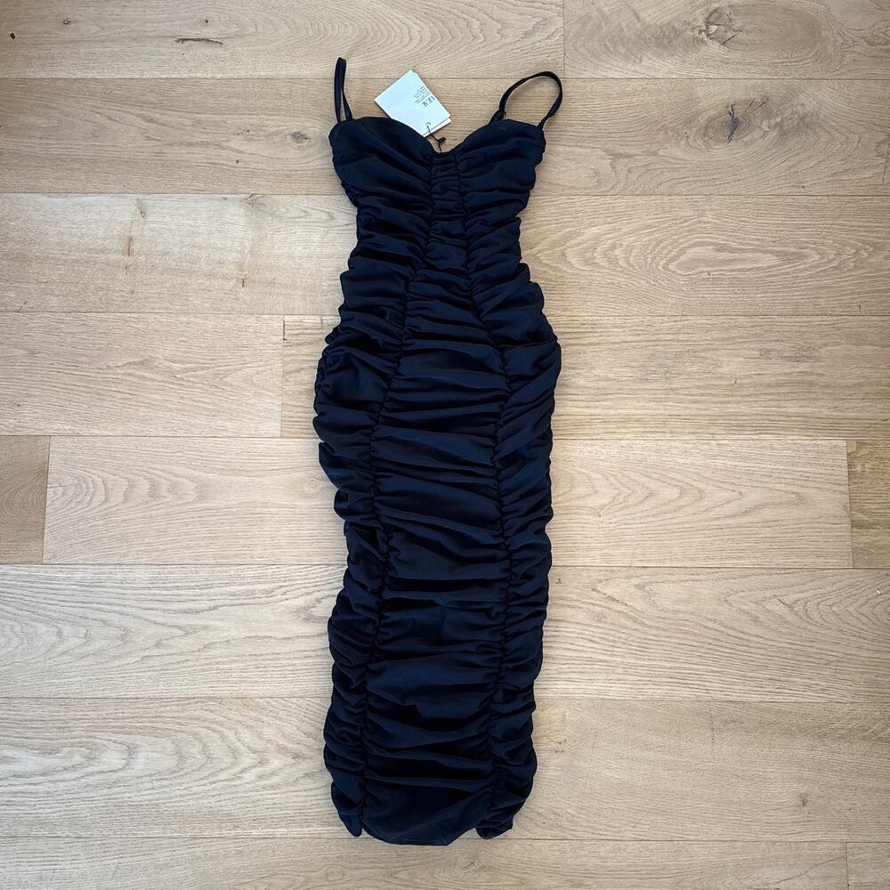LEAU Midi Dress Bustier Mesh Shirred Storm Size XS Black